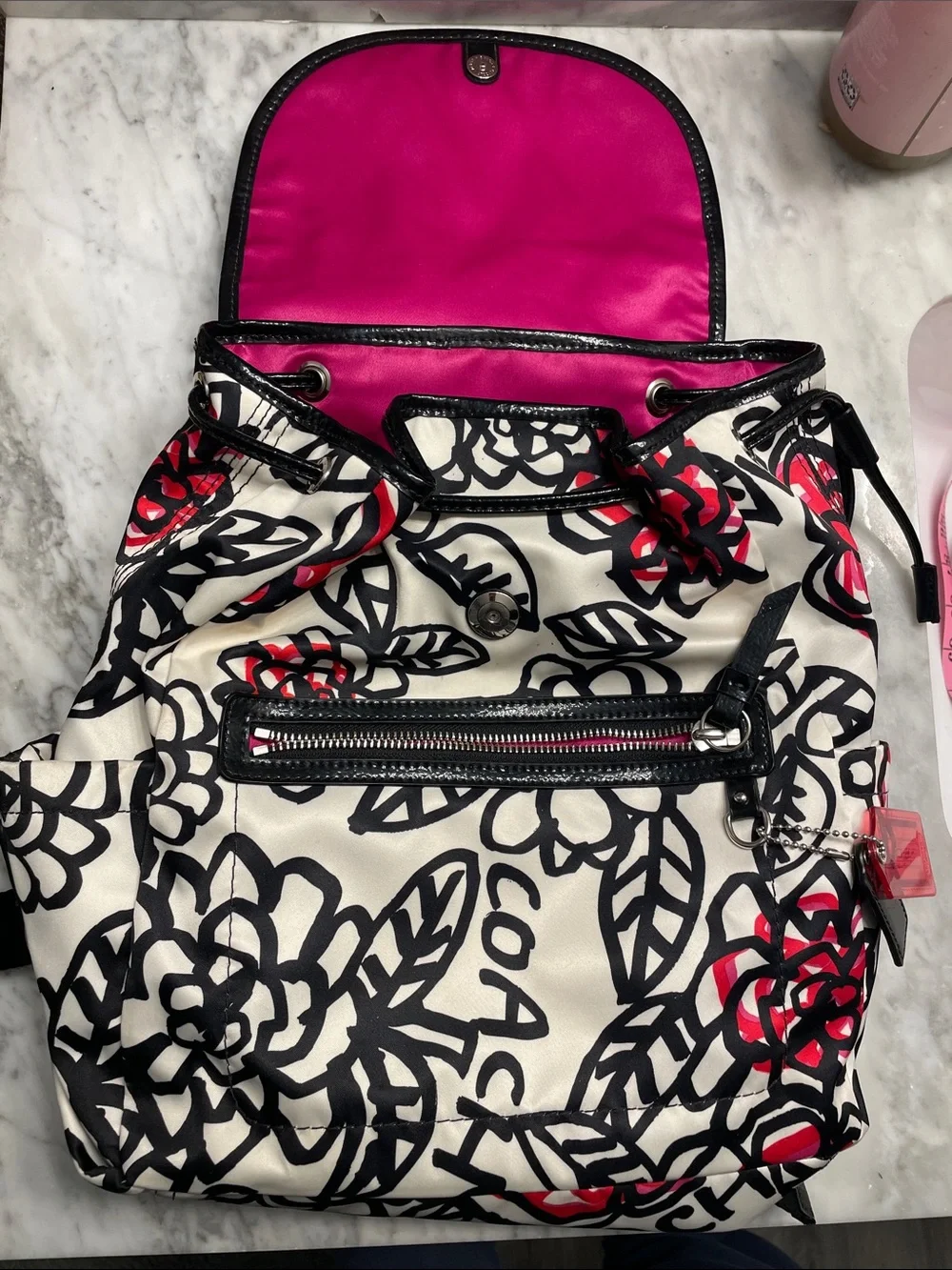 Coach Cream Floral Convertible Backpack with Black & Red Accents - Picture 4 of 12